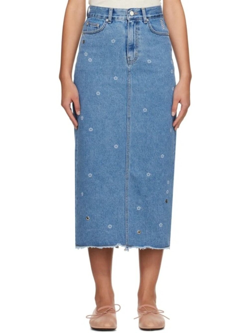 KIJUN Flower Denim Maxi Skirt Blue Size Medium NWT